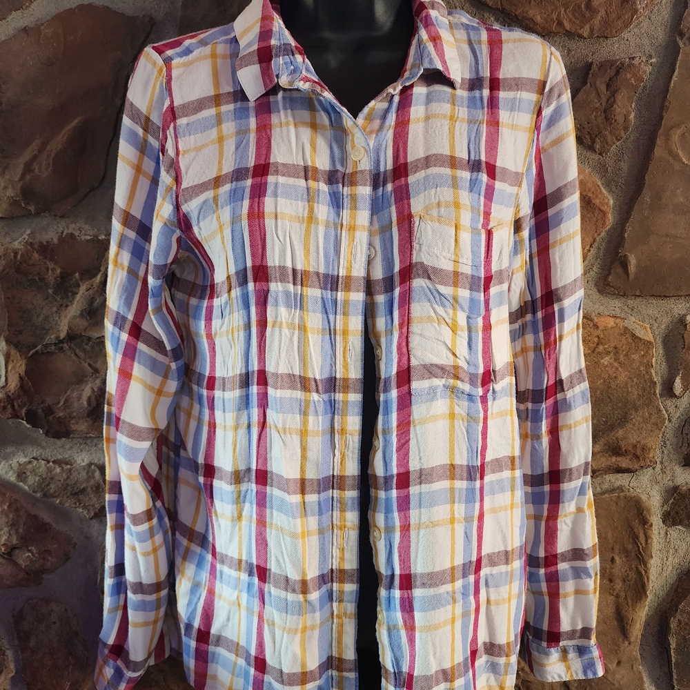 SO White Plaid Button-Down Shirt with Red, Blue & Yellow Stripes